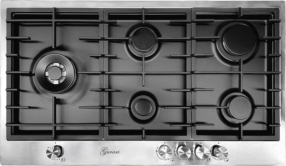 Gurari Gasherd, 4,0 kW, 90 cm, Silber/Schwarz, Gaskochfeld Edelstahl/Schwarz TY905VPGC Einbau mit 5