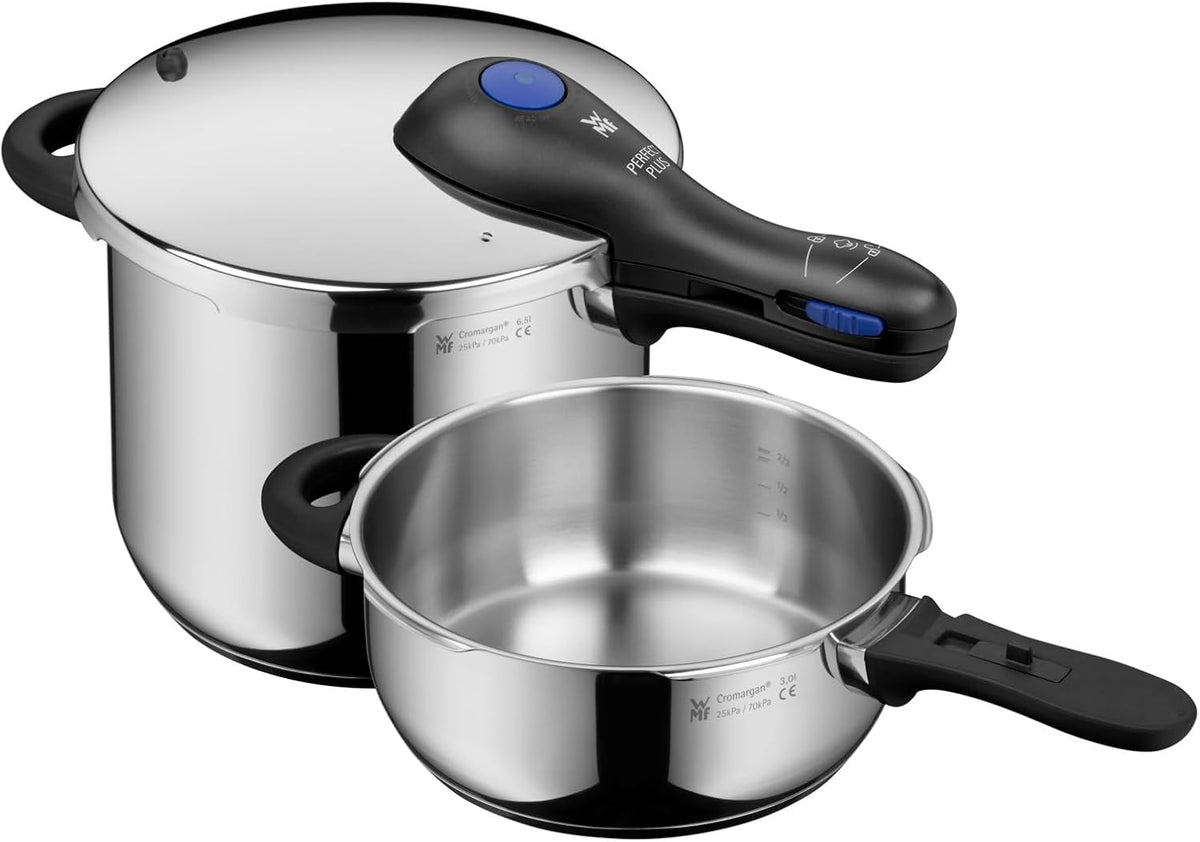 Schnellkochtopf-Set WMF Perfect Schnellkochtöpfe, 6,5l, 3l, Silber/Schwarz, Plus One Pot Induktion 2-teilig, Dampfkochtopf + großes Kochsignal