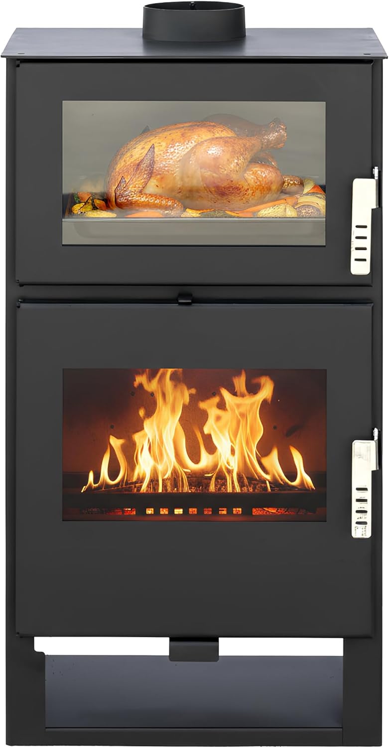 Kaminofen, 9 kW, Schwarz, holzofen ALAZ K9M, mit Backfach, Kamin Heizofen Dauerbrandofen Holzofen, Кaminholz Hüttenofen