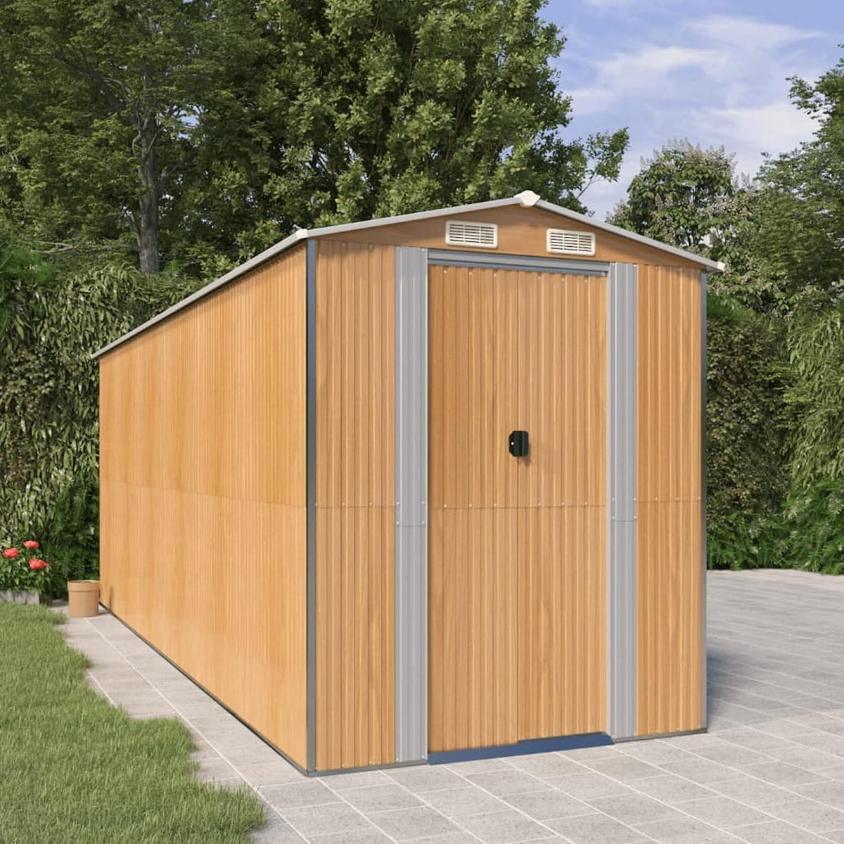 Gerätehaus Tidyard, 192x523x223 cm, Hellbraun/Grau, Geräteschuppen Metall Gartenhaus Gartenschuppen