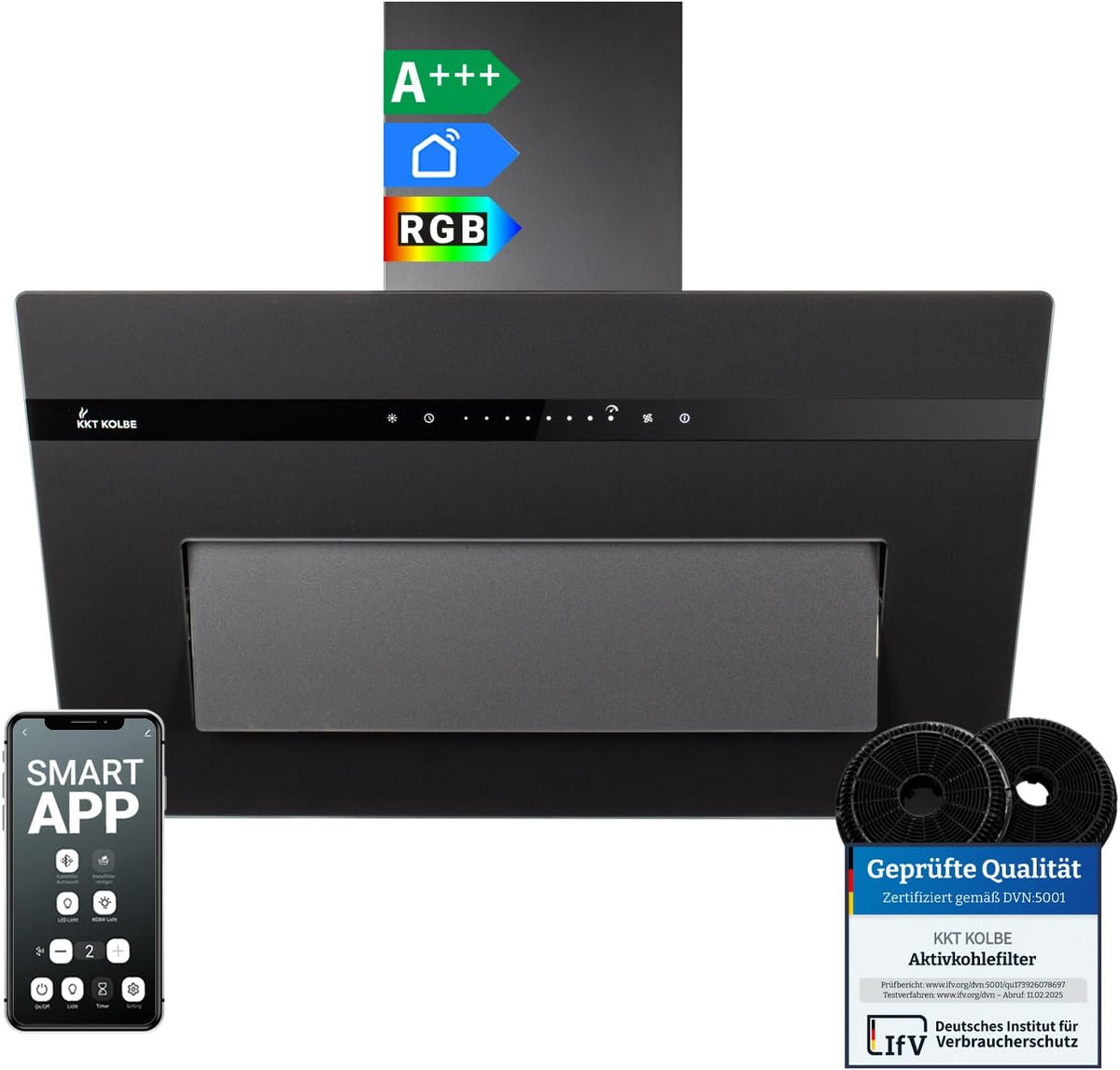KKT KOLBE Dunstabzugshaube, 80 cm, Schwarz, A+++ 782 cbm/h Umluft Abluft Kopffrei Wandhaube, Glas Matt, Nachlaufautomatik