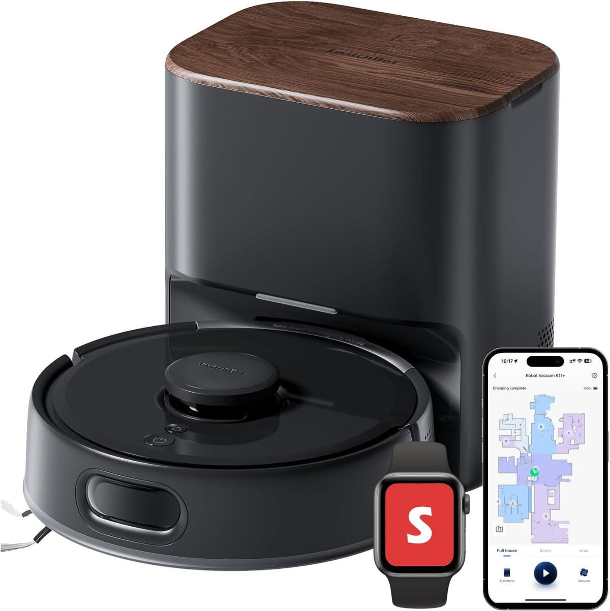 SwitchBot Saugroboter, schwarz/holz, K11+ Saugerroboter mit Mopp, 6000Pa Saugkraft, 90 Tage Staubauffang, Selbstentleerung