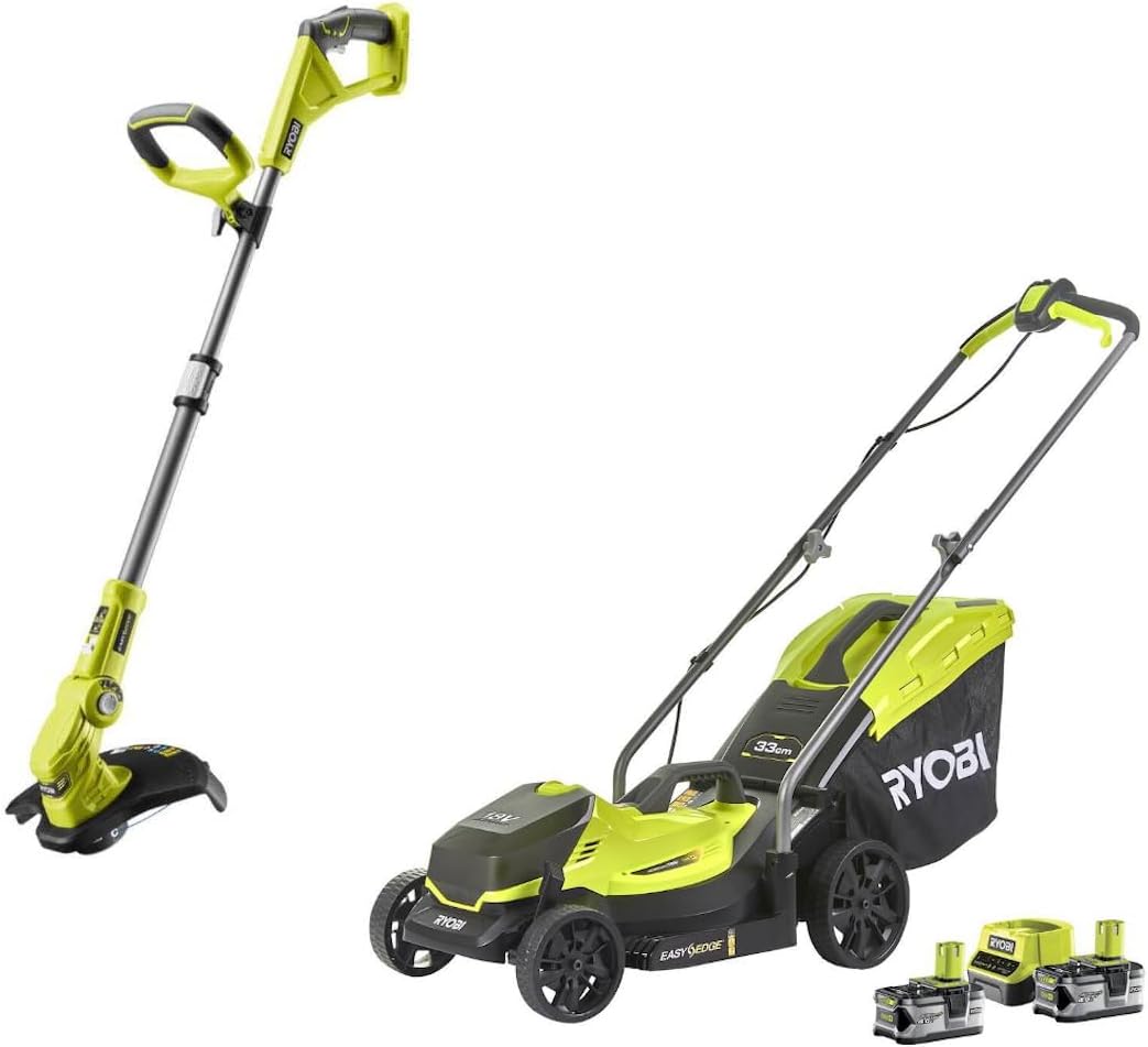 RYOBI Rasentrimmer, 33 cm, 18 V, 0 Ah, 35 L, Gelb/Schwarz, Akku-Rasenmäher & Akku-Teleskop- ONE+ Garten Combo-Set