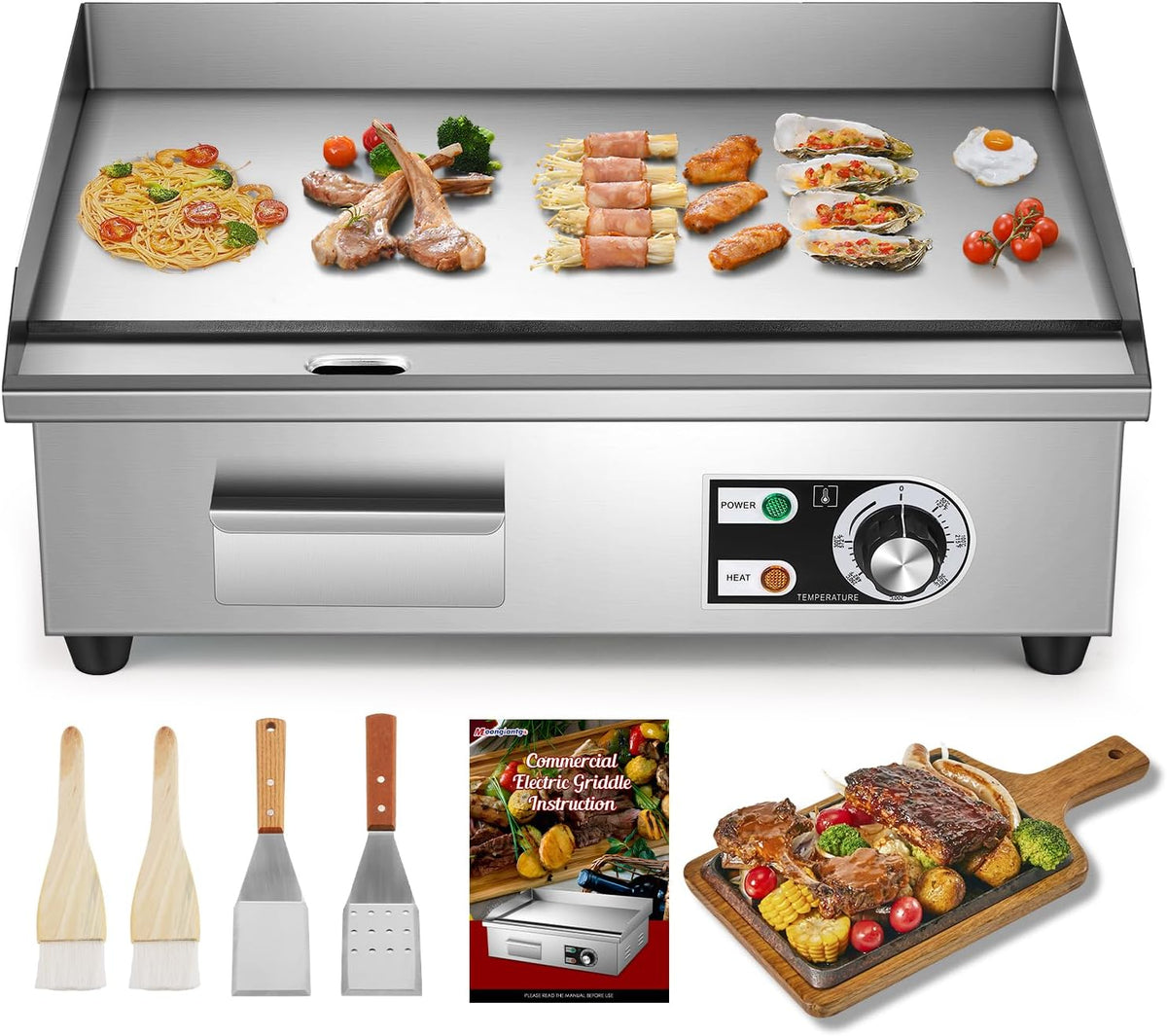 Moongiantgo Elektrische Tischgrills, 3000 W, Silber/Schwarz, 22' Kommerzielle Elektrische Grillplatte, Anti-Haft Teppanyaki Grill für Restaurants