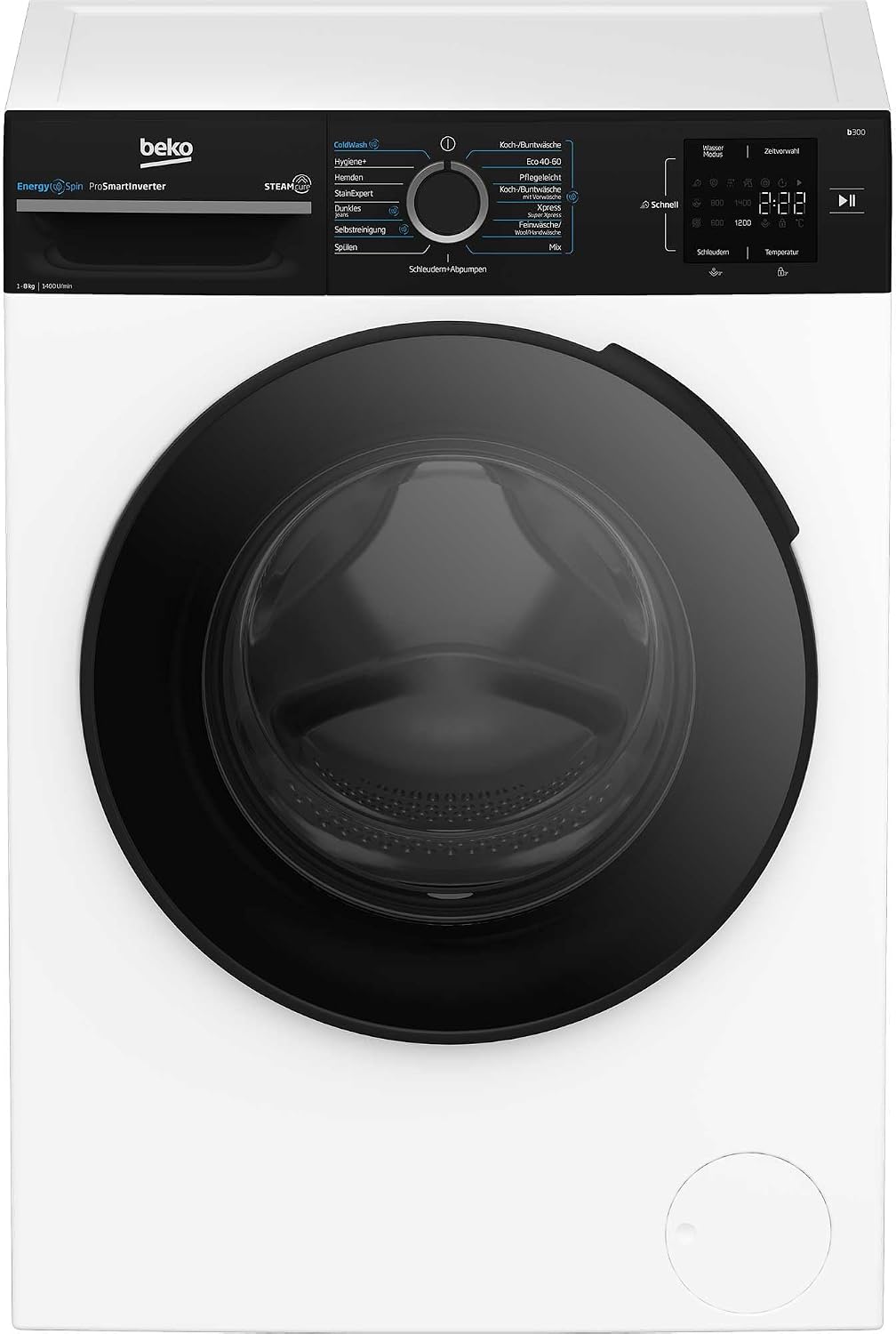 Beko Waschmaschine, 8 kg, Weiß/Schwarz, BM3WFU3841R Waschvollautomat, EnergySpin, Schleuderwahl 1400 U/min, SteamCure Dampffunktion