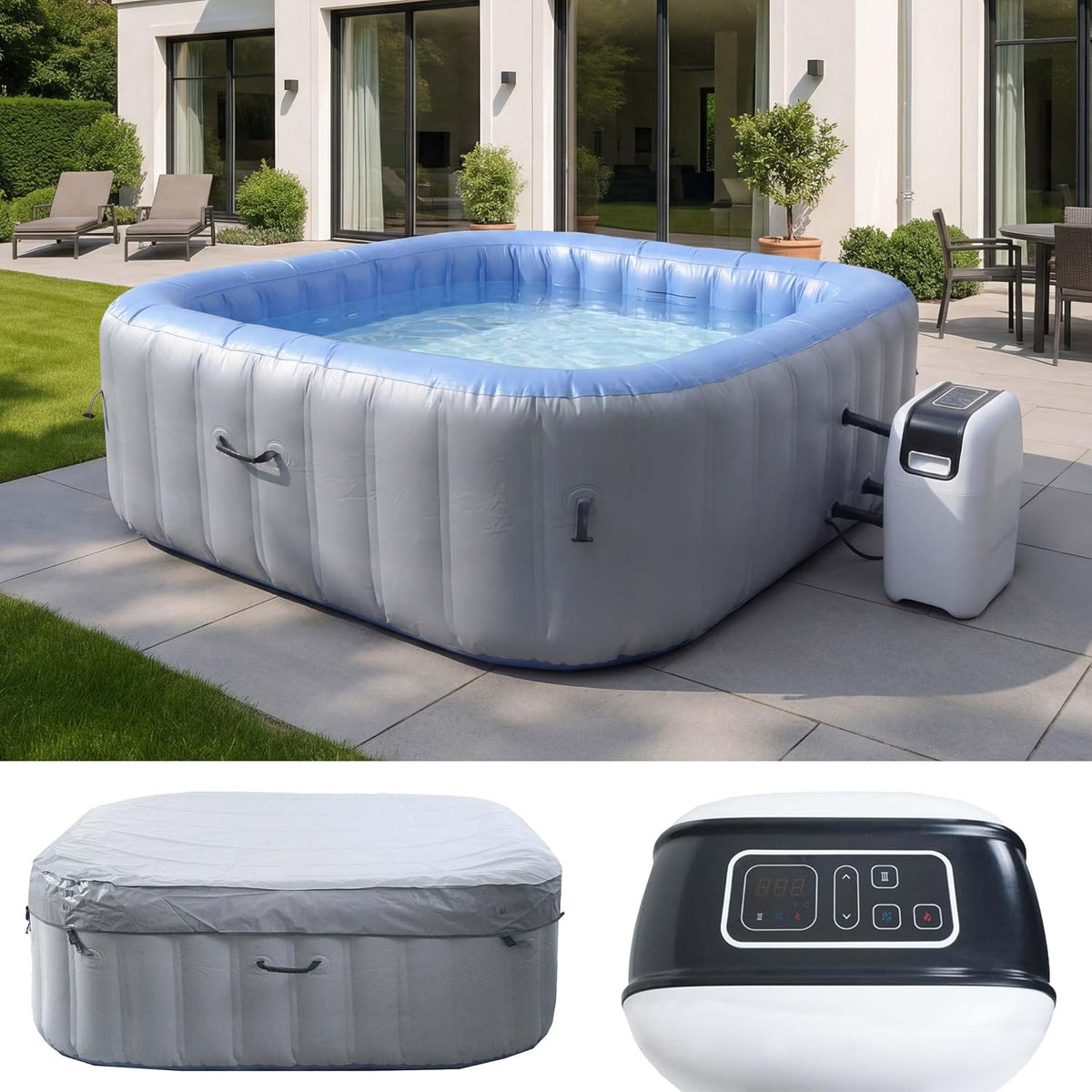 Mendler Badewannen mit Sprudelfunktion, 198 cm, Grau/Blau, Whirlpool HWC-N97, 6 Personen, In-/Outdoor heizbar aufblasbar Pumpe PVC laminiert