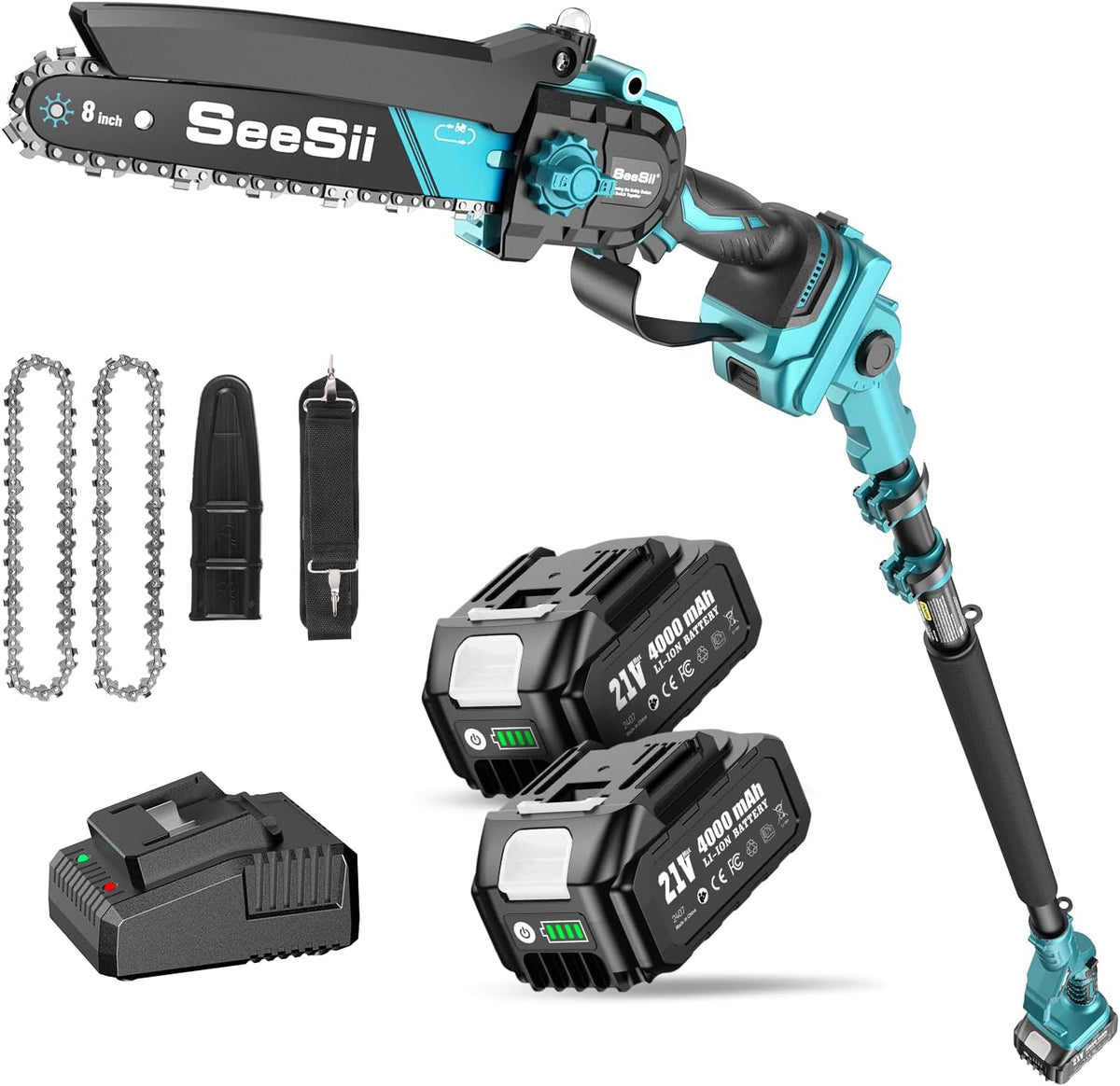 Seesii Kettensäge, 8 Zoll, 4,87 m, 4.0 Ah, Schwarz/Blau, PS810 2-in-1 Hochentaster Akku, Bürstenlose Mini mit 2 * Batterien