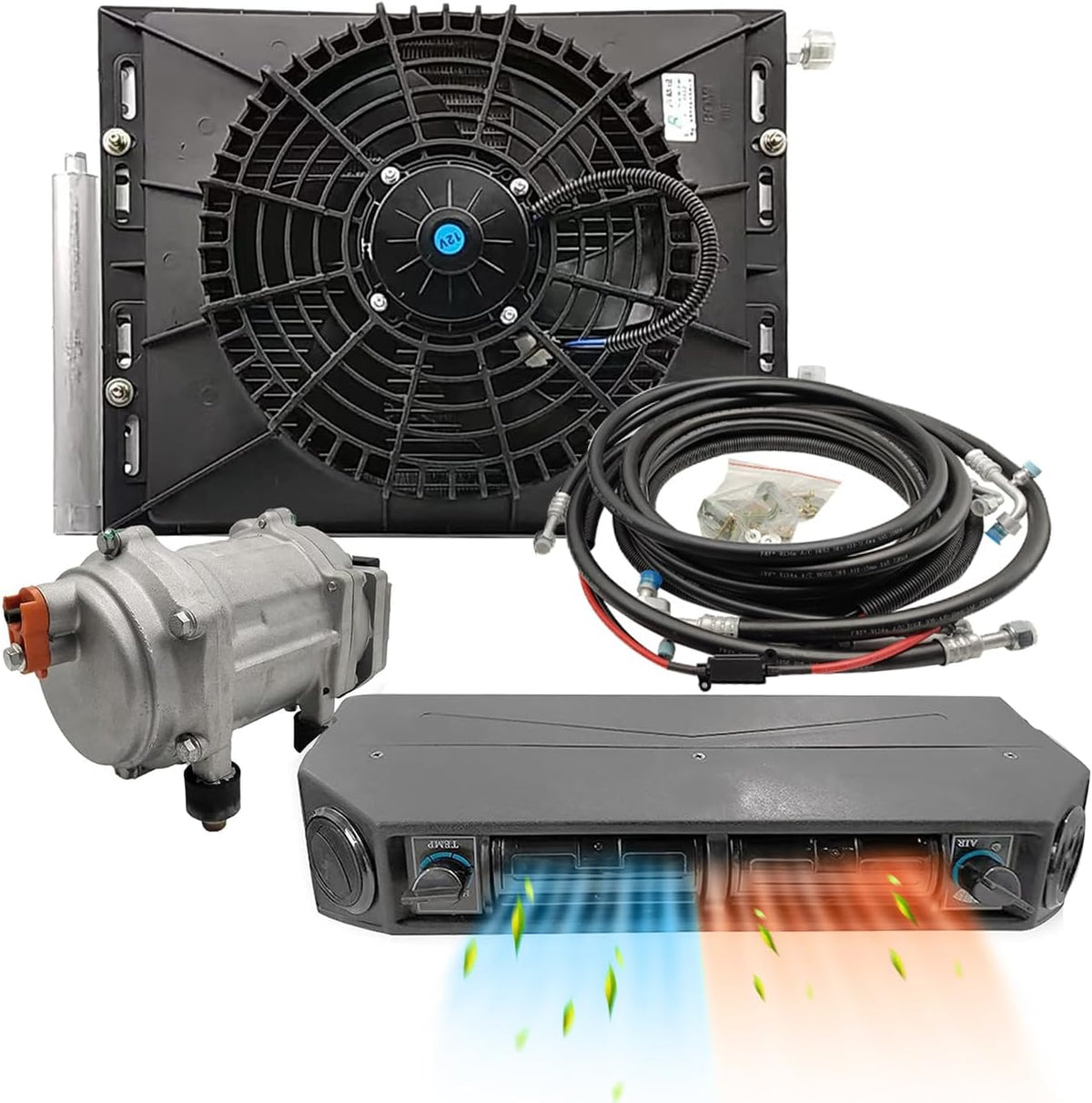 Gouku Kühlschrank, 12 V, Schwarz/Silber, Universal-Klimaanlage, Heizung und Kühlung unter dem Armaturenbrett, Klimaanlagen-Set
