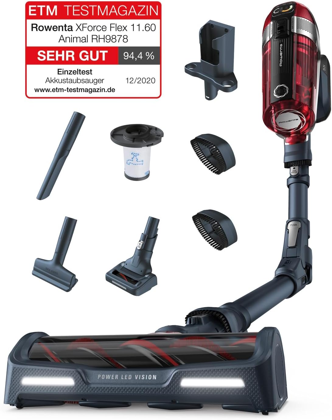 Rowenta Stabstaubsauger, 25,2 V, Rot/Grau, X-Force Flex 11.60 Kabelloser, Tierpflege, 130-Watt-Saugleistung, Wechselakku
