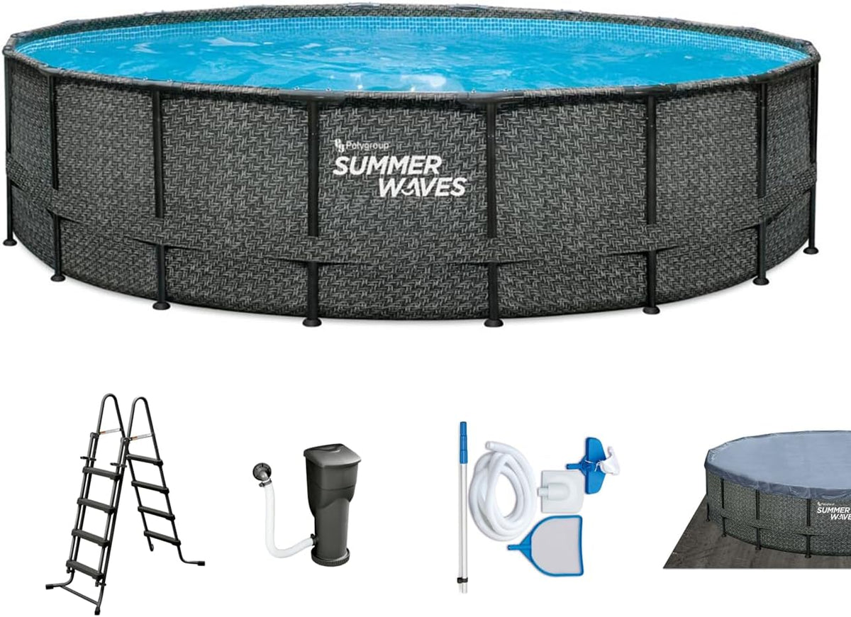 Summer Waves Stahlrahmenpool, 549x132 cm, Grau/Blau, Frame Pool Komplettset, Rund Rattan Optik Grau, Aufstellpool Set