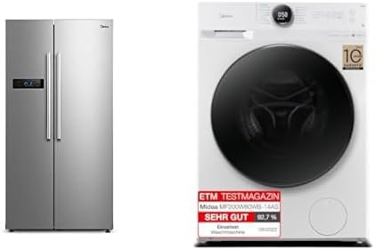 Midea Side-by-Side-Kühlschrank, 8 kg, Silber/Weiß, Set: Side-by-Side Kühl-/Gefrierkombination + Waschmaschine, NoFrost