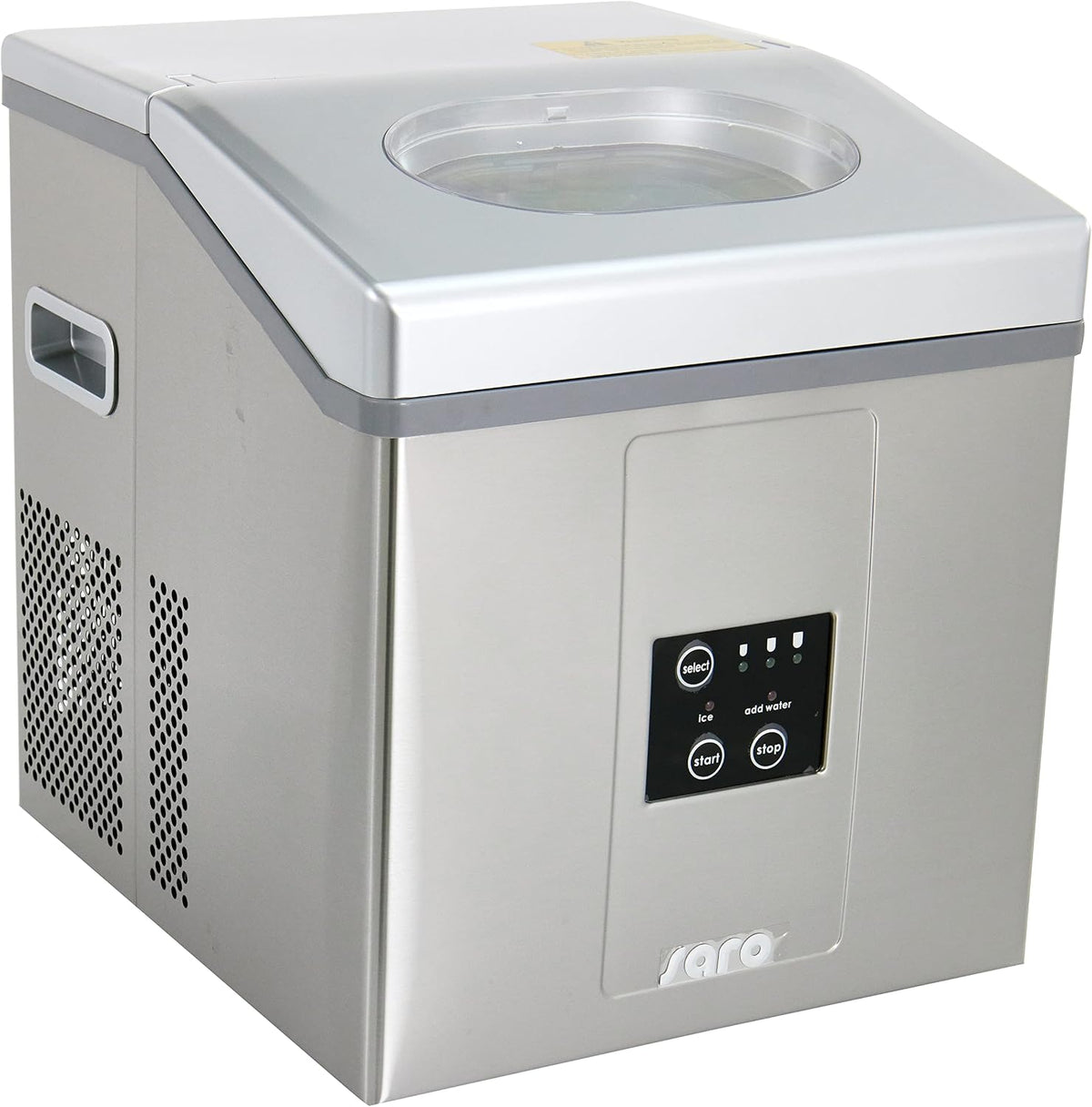 Saro Eiswürfelmaschine, 0,11 kW bei 230 V., 1,4 kg, 15 kg, 2 L, Silber, Eiswürfelbereiter, / 24 h, Edelstahl, 3 Eisgrößen wählbar
