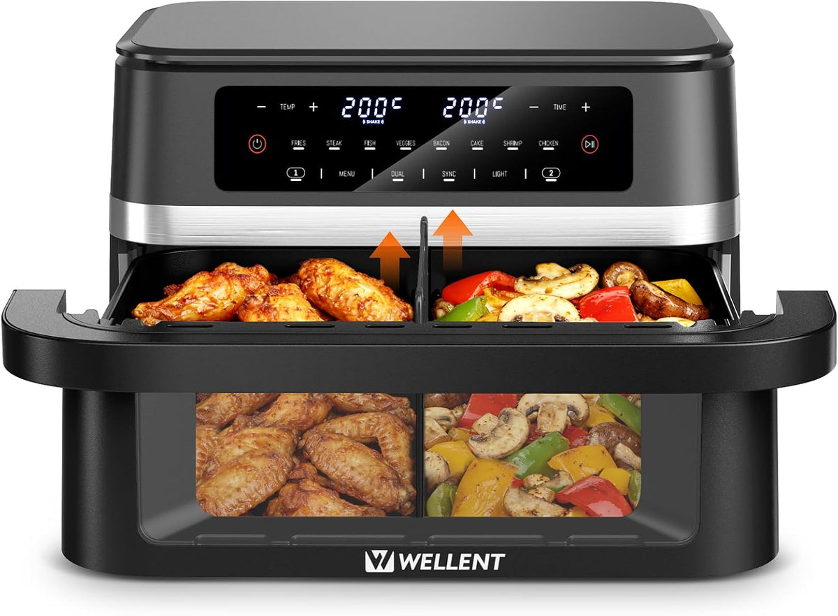 WELLENT Heissluftfritteuse, 2950 W, 12 L, Schwarz, Airfryer XXL für Große Familie, Dual Zone Heißluftfritteuse