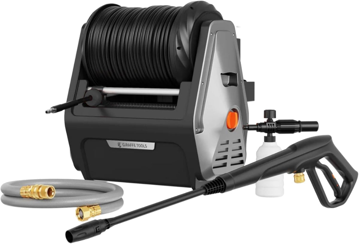 Giraffe Tools Hochdruckreiniger, 30M, schwarz/grau, Max 2400 PSI, 2.0 GPM Elektrischer Wasserdruckreiniger für die Wandmontage