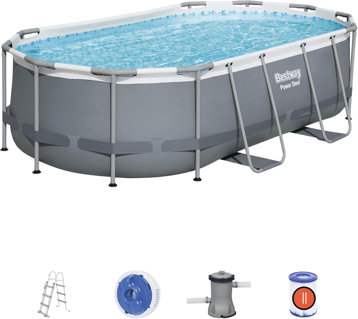 Bestway Stahlrahmenpool, 424 x 250 x 100 cm, Grau/Weiß, Power Steel Frame Pool Set, oval, grau