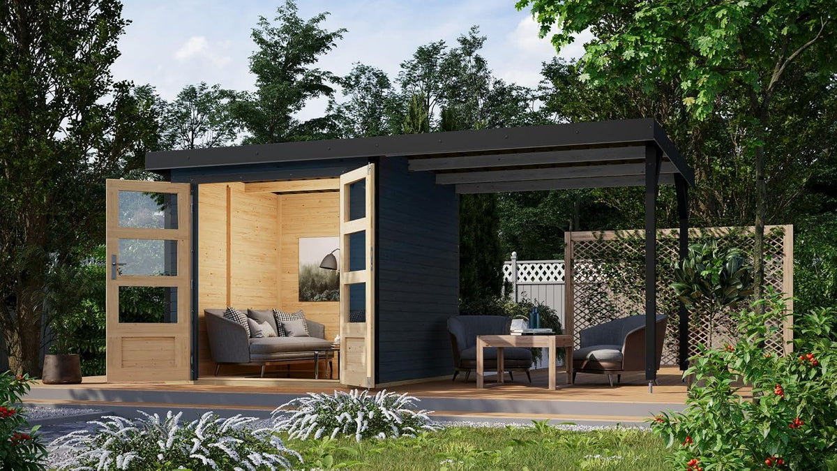 Gerätehaus Chillroi, Anthrazit/Holz, Hybrid Gartenhaus Hollywood inkl. Fußboden optional