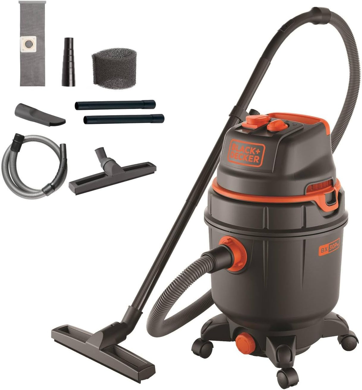 BLACK+DECKER Elektrowerkzeug, 30 Liter, 1600 W, Schwarz/Orange, Nass und Trockensauger BXVC30PTDE mit Integrierte Steckdose