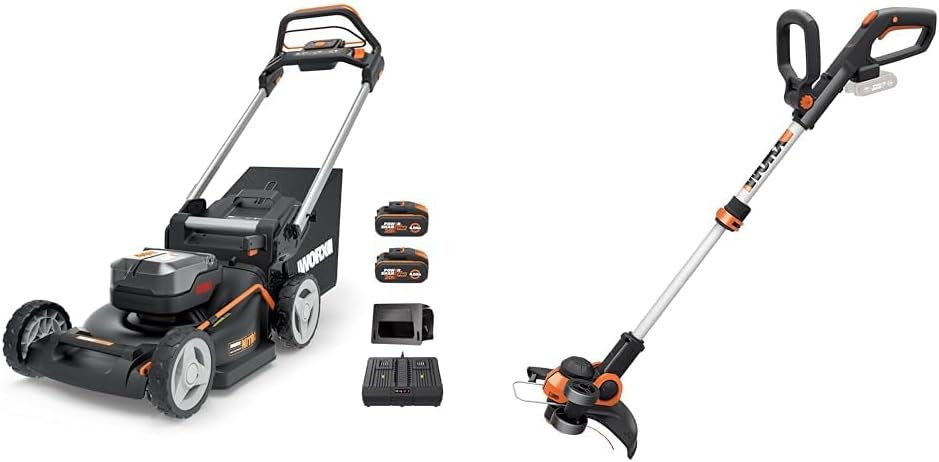 WORX Rasentrimmer, 40 V, 20 V, Schwarz/Orange, WG749E Akku Rasenmäher (2x ) & WG163E.9 Akku, Rasen