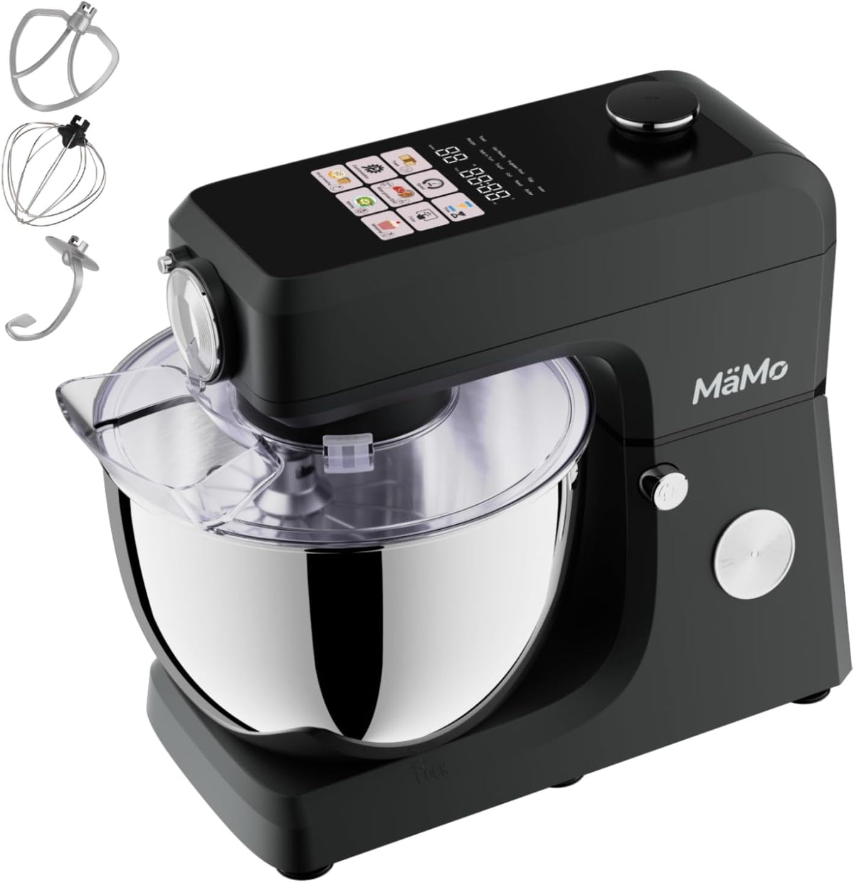 MäMo Knet- & Rührmaschinen, 1900 W, 8 L, Schwarz/Silber, Küchenmaschine mit, Teigmaschine, LED-Touchscreen, Rührgerät & Mixer für Knete