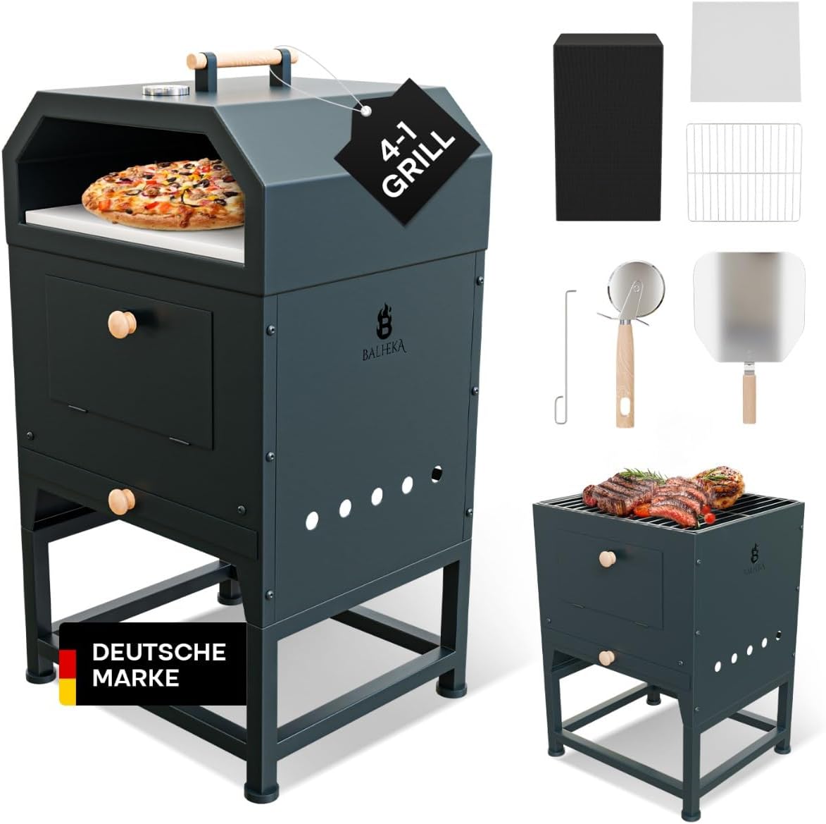 Balheka Pizzaofen, Schwarz, Outdoor 2-in-1 mit Feuerstelle, XXL Zubehör Set inkl. Cordieritstein, Thermometer, Kohleschale & Abdeckhaube
