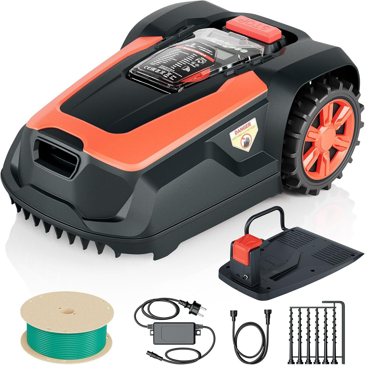 OKAYBOT Mähroboter, 1400m, 22 cm, 6 mm, Schwarz/Rot, M1 mit Begrenzungskabel für Gärten bis ², Rasenmäher Roboter mit Schnitthöhe 25