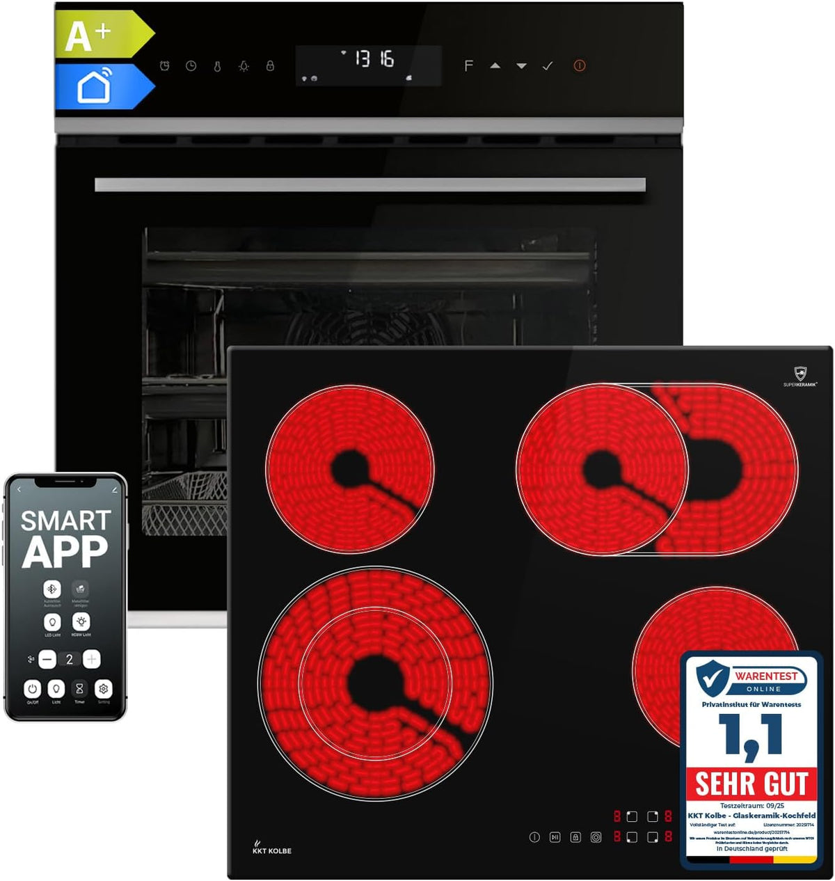 KKT KOLBE Backofen, 6600 W, 60 cm, 59 cm, Schwarz/Rot, Autarkes Herdset, Einbau EB8319PHC, Kochfeld CH5901RL, Pyrolyse