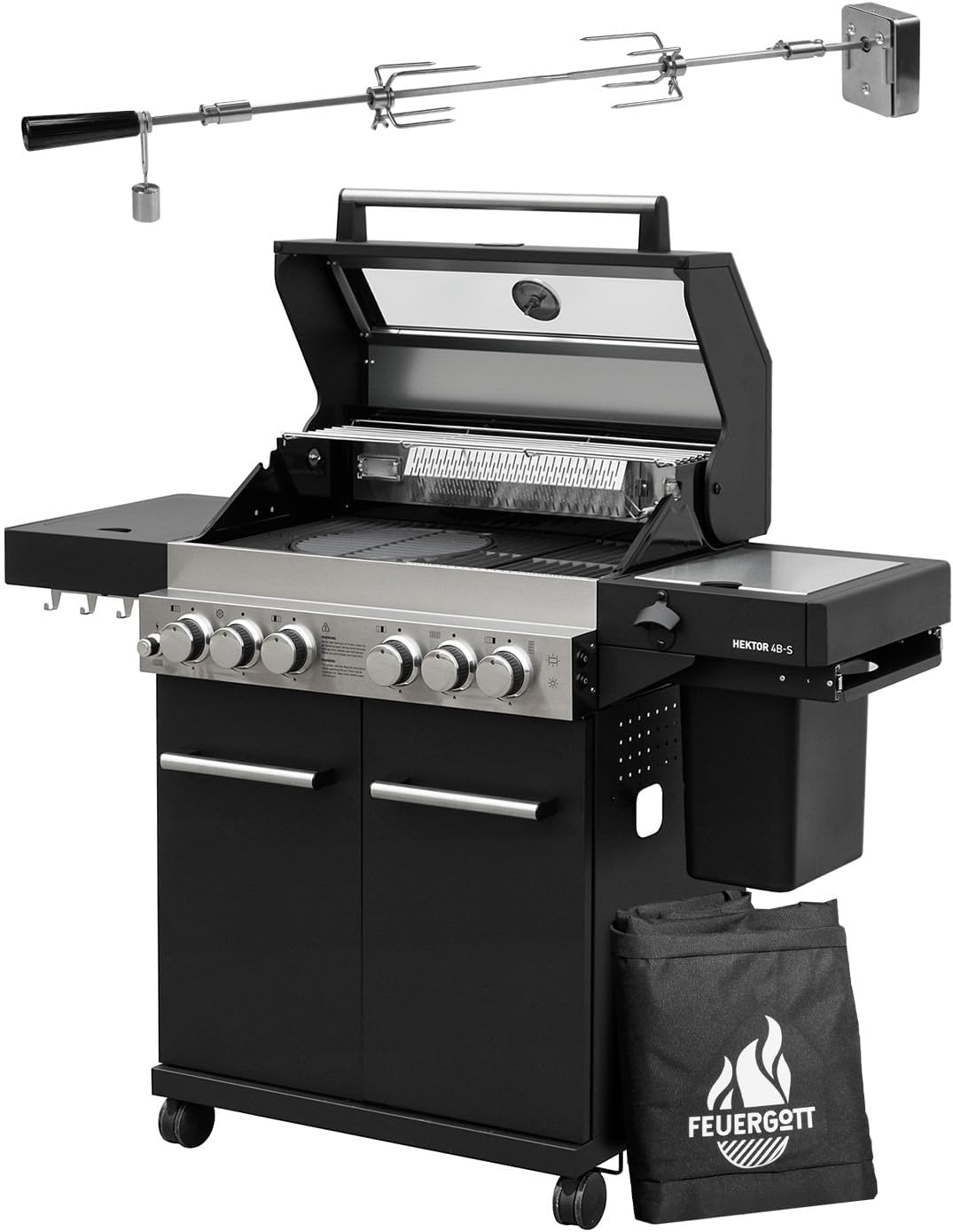 FEUERGOTT Gasgrill, Schwarz/Silber, Hektor 4B-S inkl. Drehspieß und Abdeckhaube mit 4 Brennern, Sear-Brenner, Gusseisen-Grillrost