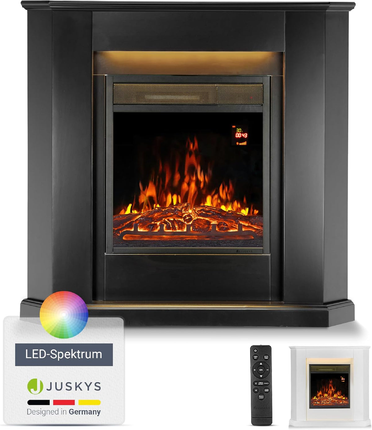 Juskys Elektrokamin, 2000 W, schwarz, 1000/ mit Heizung, Kaminfeuer, Flammeneffekt, Fernbedienung