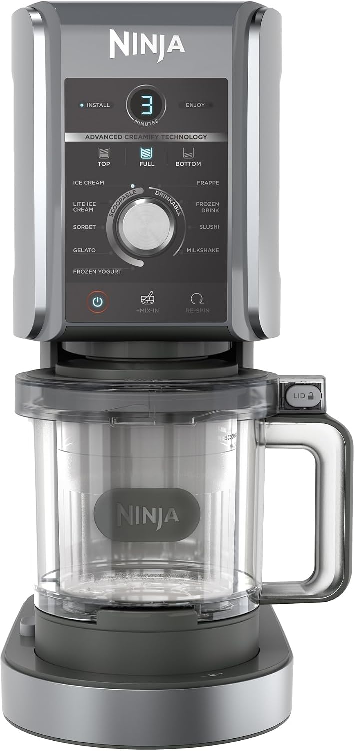 Ninja Eismaschine, Silber, CREAMi Deluxe Eis-und Eisgetränkmaschine mit 3 Bechern, 10 Funktionen, macht Eiscreme