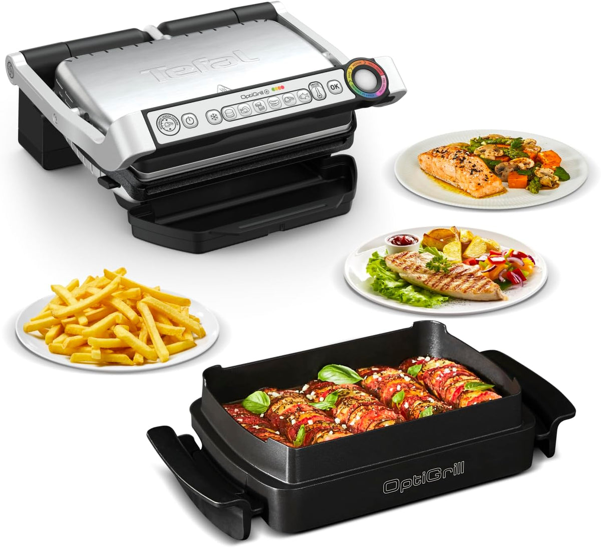 Tefal Elektrogrill, Silber/Schwarz, OptiGrill & Bake Kontaktgrill mit Backschale, 6 Programme, Garstufenanzeige