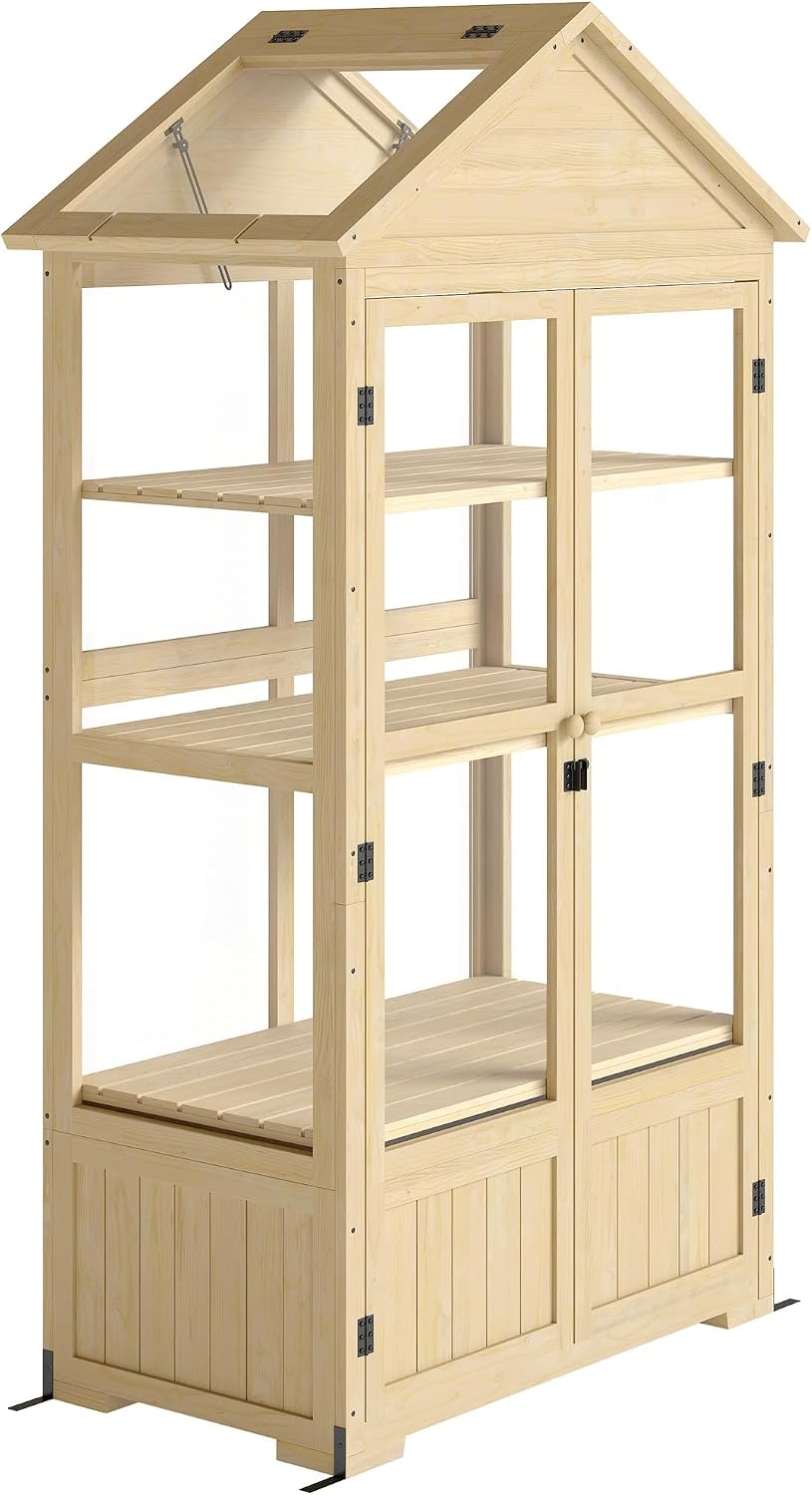 Outsunny Gewächshaus, 100 x 56,5 x 178 cm, Natur, Frühbeet aus Holz Abschließbar Treibhaus mit 4 Ebenen, Dachfenster