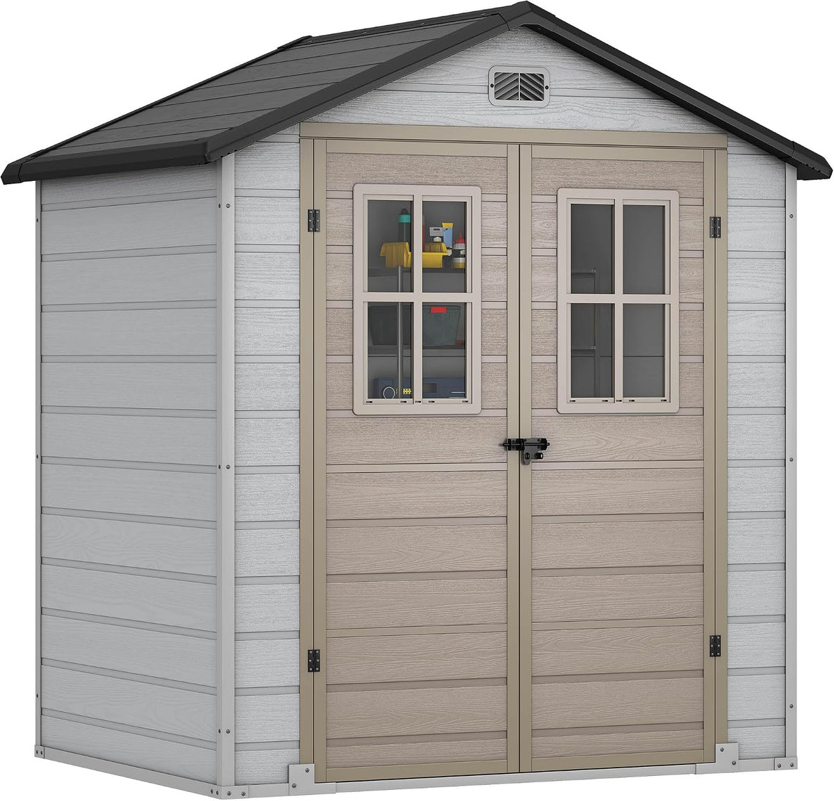 Gerätehaus YITAHOME, 183x135x208 cm, Grau/Beige/Schwarz, Kunststoff Gartenhaus 6x4.4 Fuß mit Boden, Fenstern & Belüftung für Gartenwerkzeuge