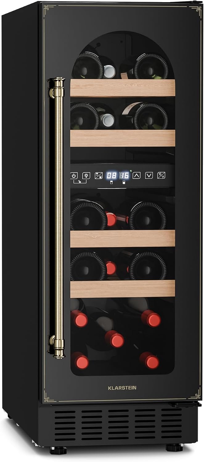 Klarstein Weinkühlschrank, Schwarz, Einbau-, Kleiner Getränkekühlschrank Schmal, 2 Zonen mit Glastür, Indoor/Outdoor Beersafe