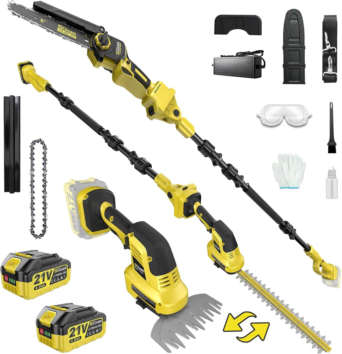 Gisam Heckenschere, 4.0 Ah, 2500 W, 4,5m, 18 V, Schwarz/Gelb, 6-in-1 Mini Kettensäge & Teleskop Set, 8-Zoll Elektro Kettensäge