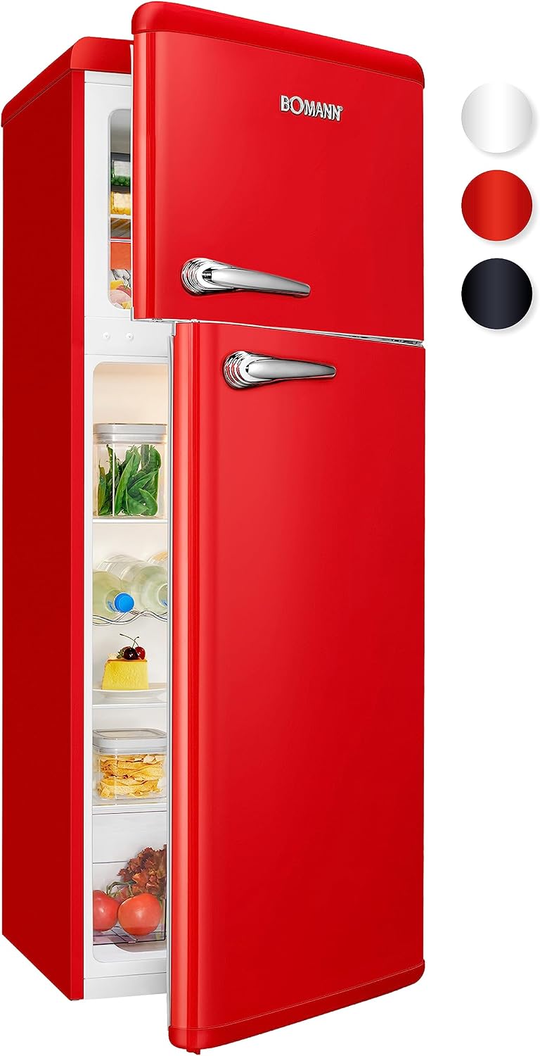 Bomann Kühlschrank, 58.5 cm, 208 L, 160 L, 48 L, Rot, Retro mit Gefrierfach, Vintage Kühlgefrierkombi Inhalt, Kühlen
