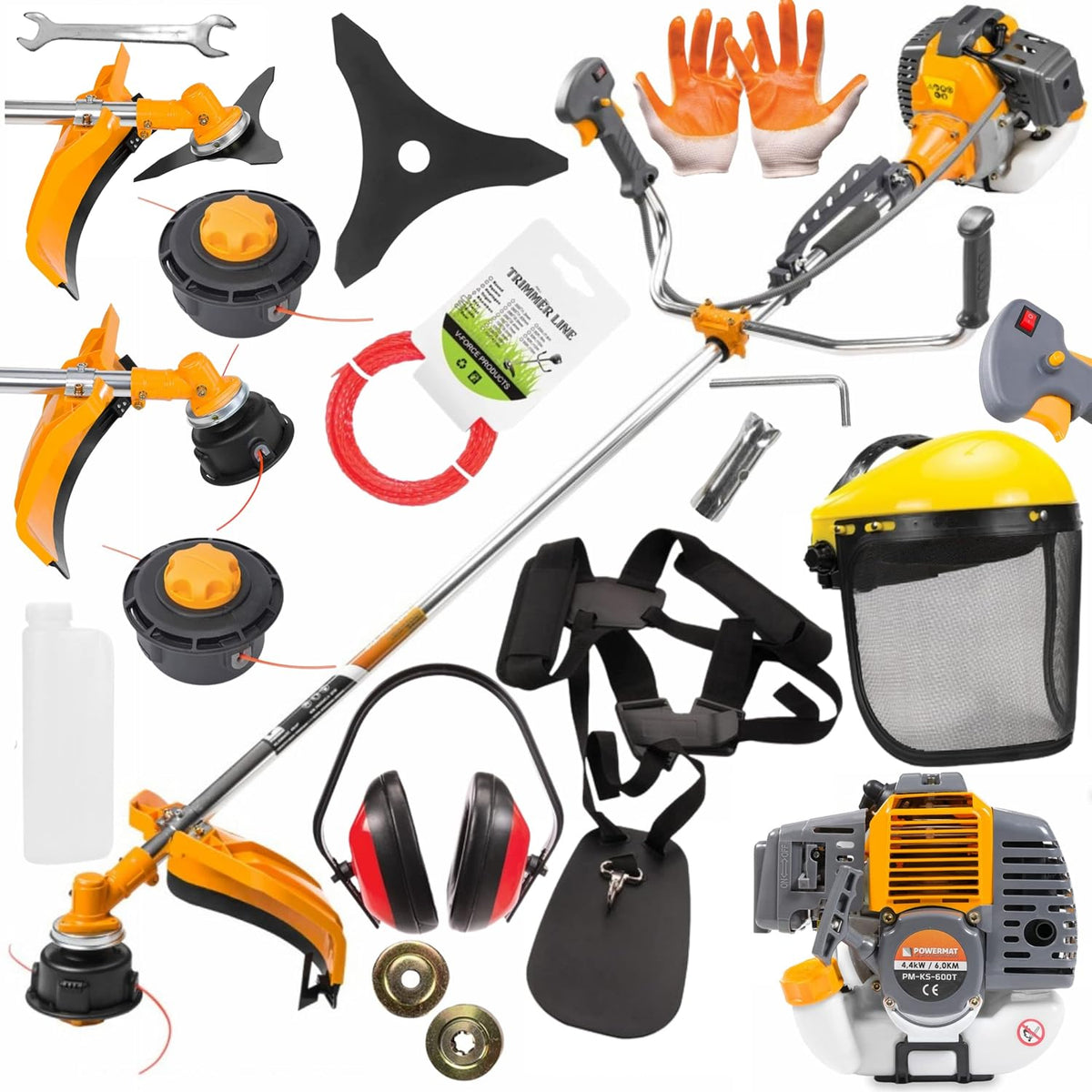 POWERMAT Rasentrimmer, Orange/Schwarz/Gelb, Benzin Motorsense 52ccm Freischneider 6 PS Trimmer Set