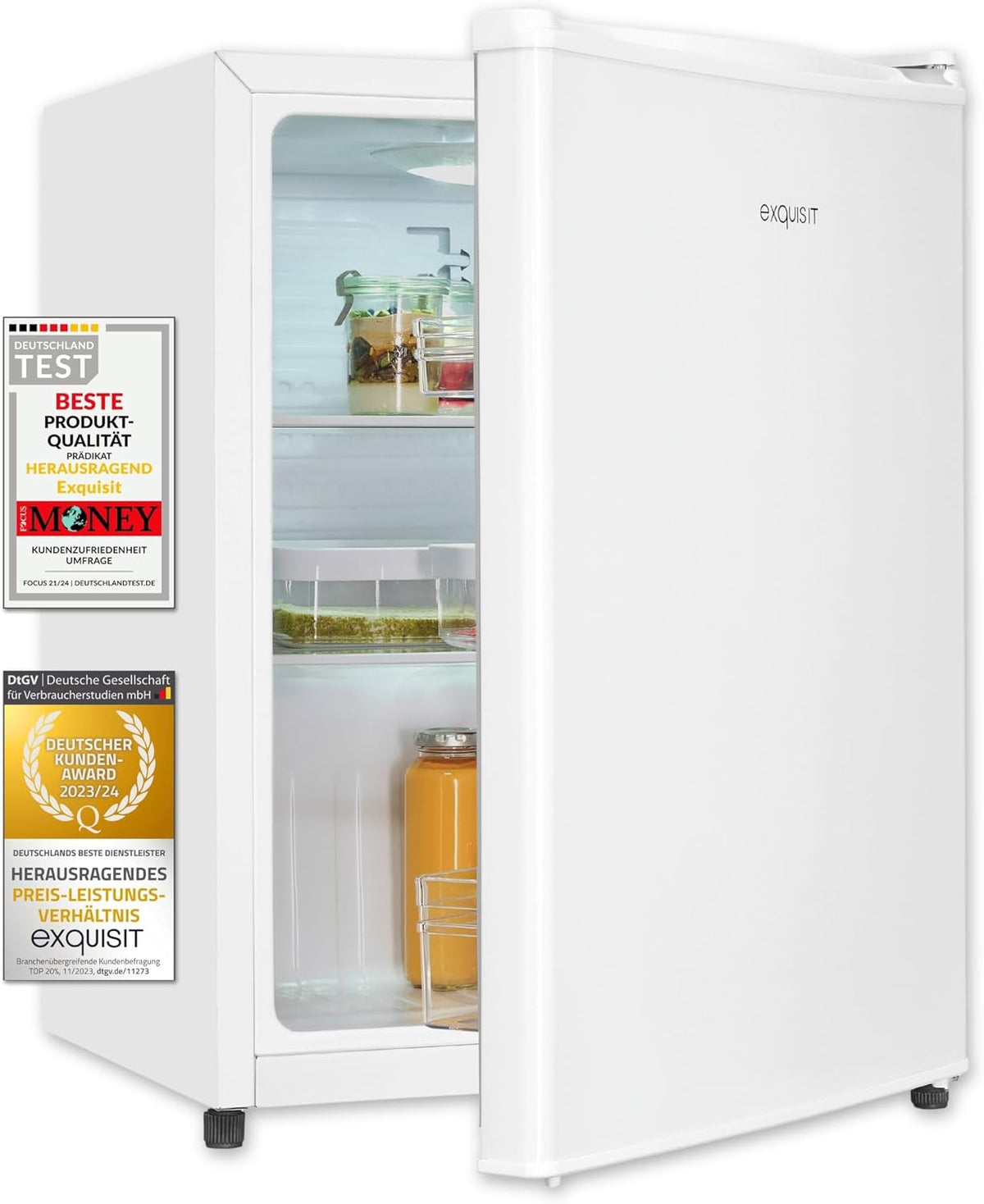 Exquisit Mini-Kühlschrank, 41 dB, Weiß, 50 l Nutzinhalt, Energieeffizienzklasse E, 81 kWh/Jahr, LED-Beleuchtung