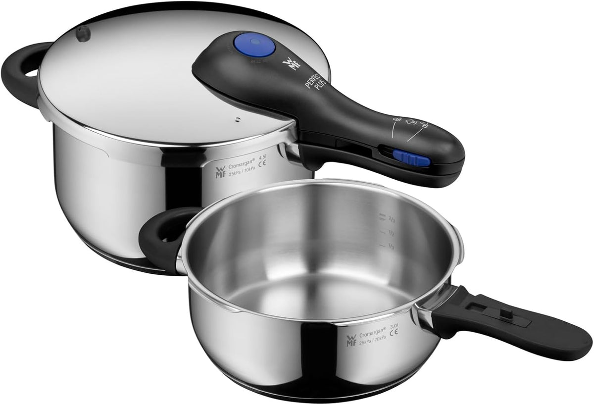 Schnellkochtopf-Set WMF Perfect Schnellkochtöpfe, 4,5l, 3l, Silber/Schwarz, Plus One Pot Induktion 2-teilig, Dampfkochtopf +