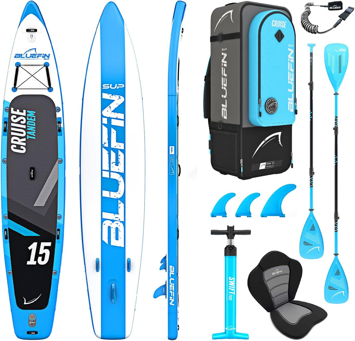 Bluefin SUP SUP-Board, Blau/Schwarz, Paddleboard, Cruise Premium Stand Up Paddle Set, Aufblasbares Paddleboard für Erwachsene