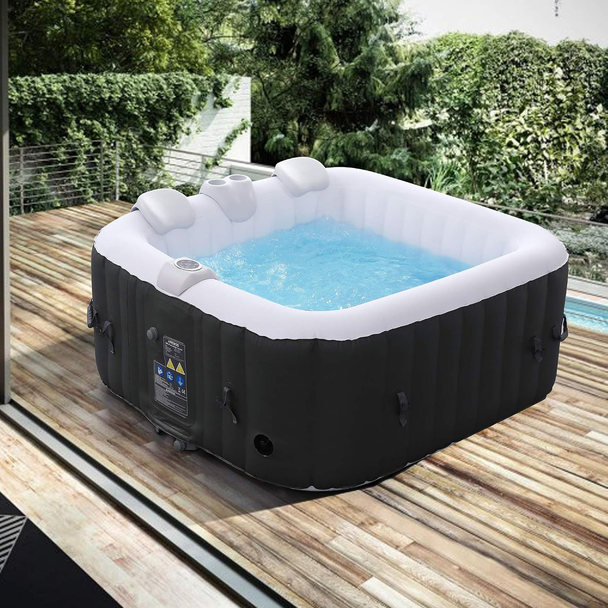 Arebos Aufblasbare Pools, 154x154 cm, 600 Liter, schwarz/weiß, Aufblasbarer Spa Pool, für drinnen und draußen, Whirlpool 4 Personen