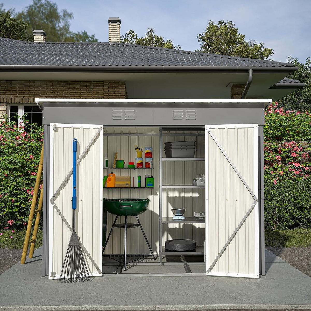 vutizal Gerätehaus, 229x111x182 cm, Grau, Metall Geräteschuppen, Gartenhaus mit Schrägdach, Wetterfest und Belüftet