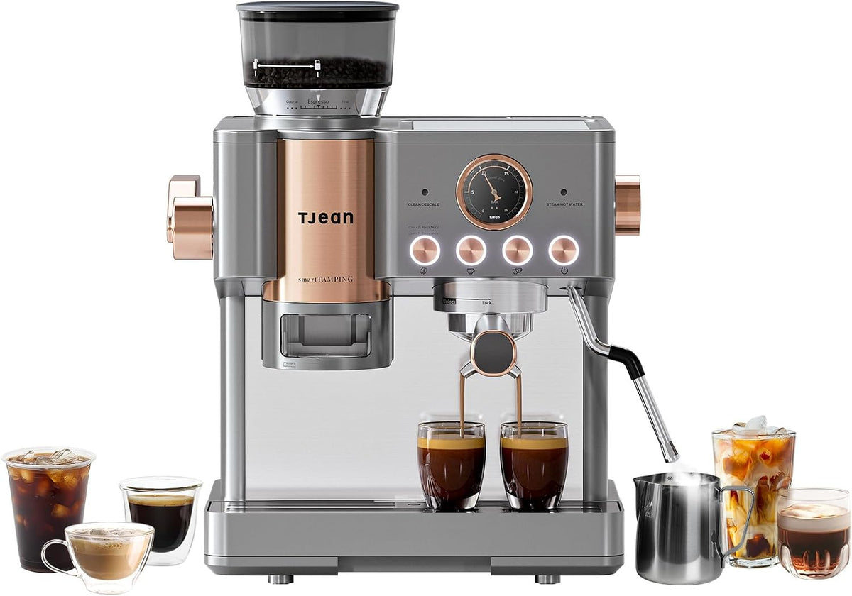 Tjean Kaffeemaschine, 20 Bar, 2,8 L, Grau/Gold, Barista Senso Doppelboiler Siebträgermaschine mit Mahlwerk, 3-in-1 Dampf-Espressomaschinen