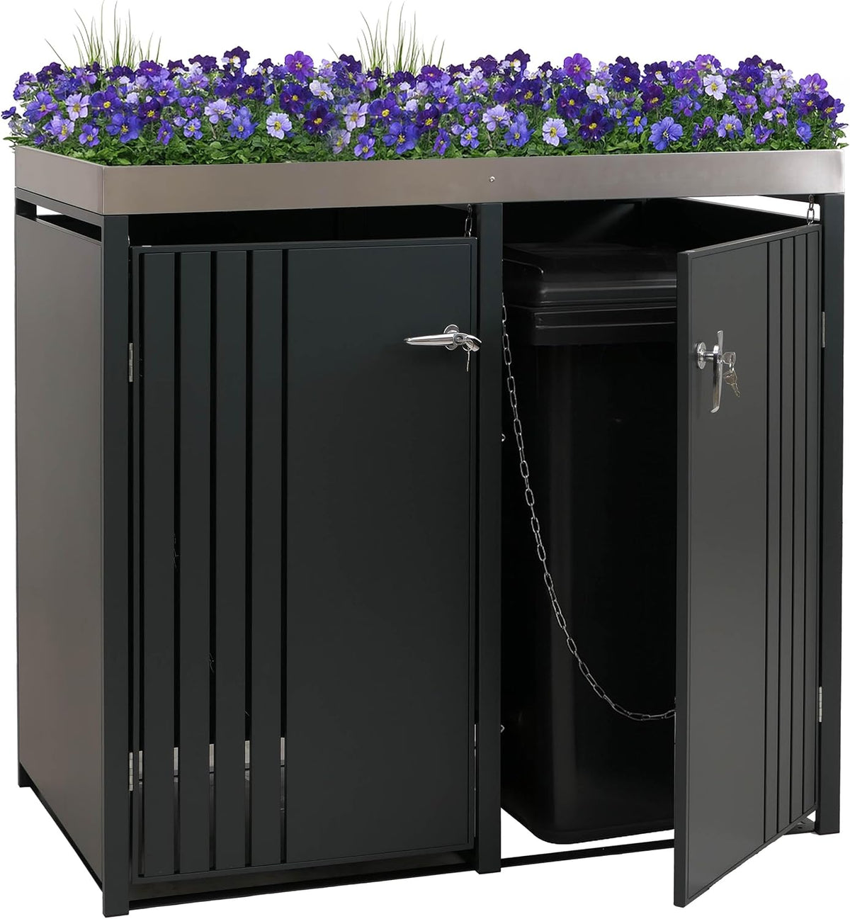 Mendler Mülltonnenbox, 125x132x84 cm, 55 kg, Anthrazit, 2er-Mülltonnenverkleidung HWC-O67, mit Pflanzkasten, Metall