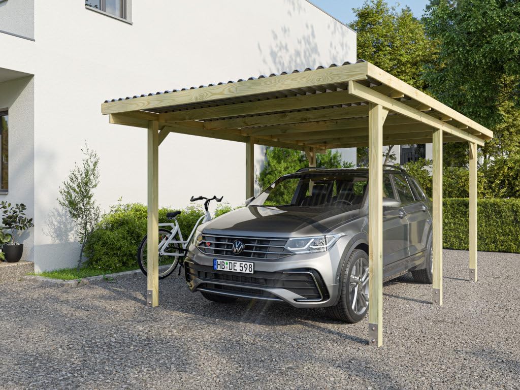 woodtex Carports, 300 x 120 x 25 cm, 300 x 500 cm, Braun/Grün, Braun Grün Carport, Holz Einzelcarport aus Fichte Kiefer