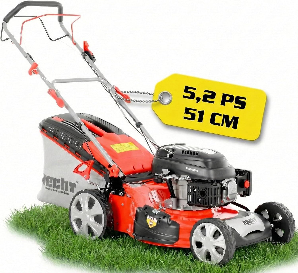 Hecht Rasenmäher, 1500 m, 51 cm, 70 L, Rot/Schwarz/Silber, Benzin mit Antrieb, Schnittbreite, 5-in-1 Mulchfunktion