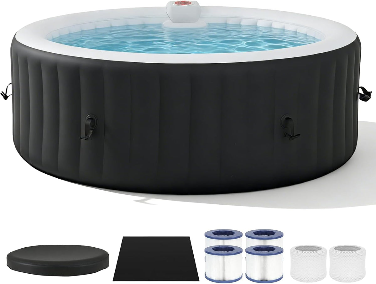 Nordivale Aufblasbare Pools, 208x208 cm, 1800 W, Schwarz/Weiß, Aufblasbarer Whirlpool, Schwarzer In-Outdoor Whirlpool für 4-6 Personen