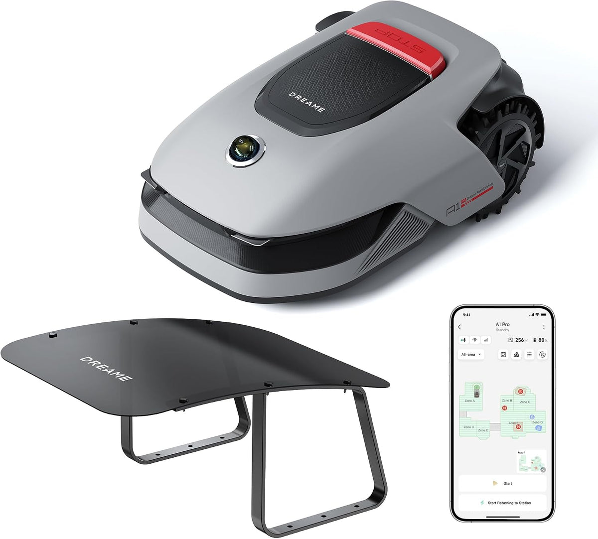 dreame Mähroboter, 2000m, Grau/Schwarz/Rot, A1 Pro und Garage, Drahtloser Umfang, App Steuerung, Intuitive Zonenverwaltung