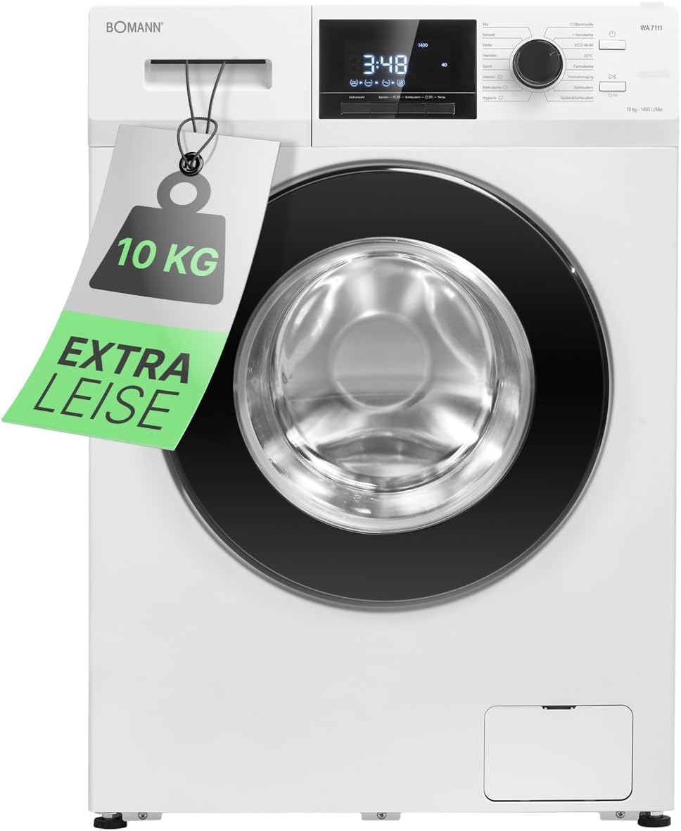 Bomann Waschmaschine, 10 kg, weiß/schwarz, max. 1400 U/min, 16 Programme, Bürstenloser DC-Motor: effizient, leise und langlebig