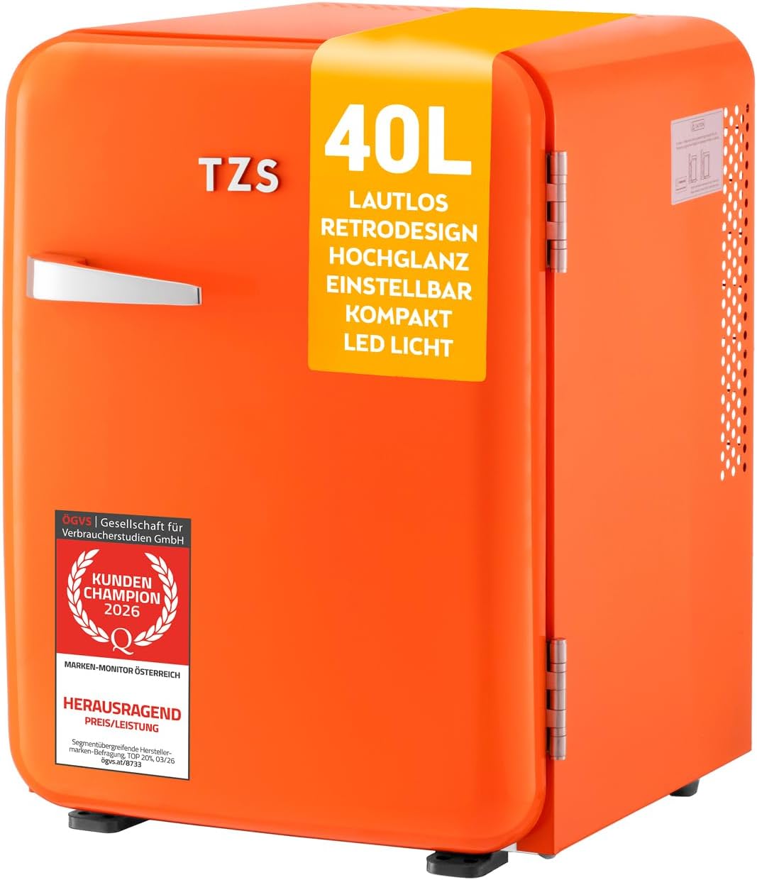 TZS Mini-Kühlschrank, 40 L, Orange, First Austria - Retro Mini Kühlschrank - Lautlos - Vintage