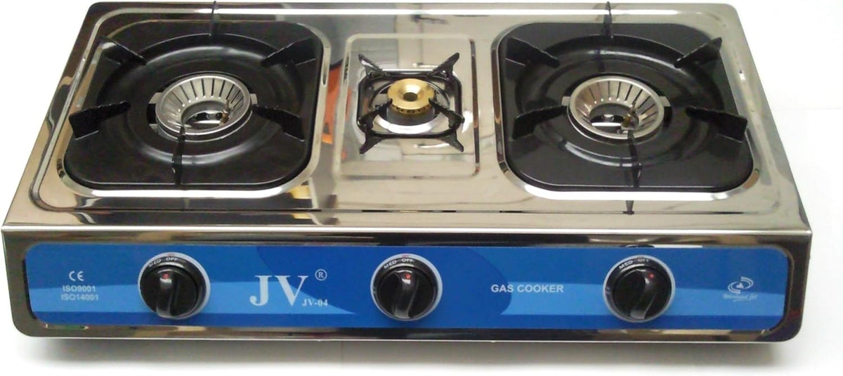 JV Gasherd, max. 10,0 kW, Silber/Blau/Schwarz, CAGO 04 Gaskocher 3-flammig aus Edelstahl 10, 0 kW